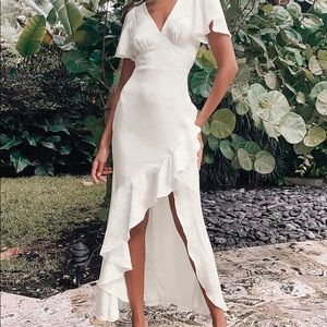 White Satin Ruffled Flutter Sleeve Maxi Dress